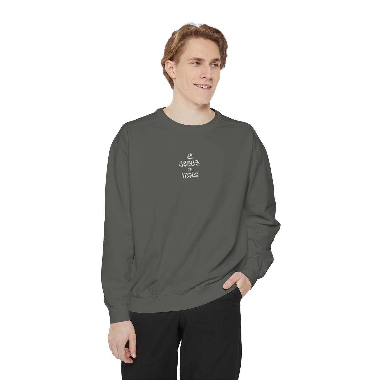 Embroidered Jesus is King Sweatshirt - Unisex Garment-Dyed Comfort Colors